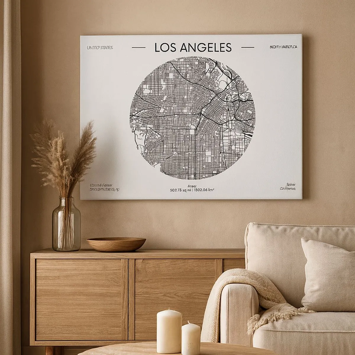 Quadro su tela - Stampe su Tela - Una mappa di Los Angeles in stile minimalista in bianco e nero - 70x50cm - Anatomia di Los Angeles - Decorazione murale moderna per soggiorno e camera da letto ARTTOR