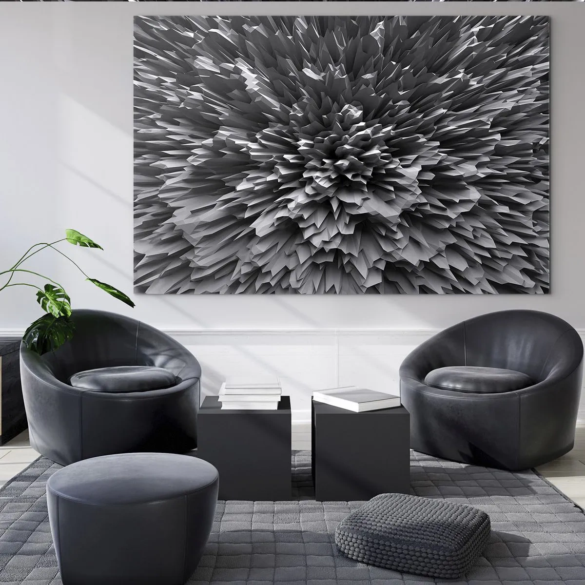 Quadro su vetro - Struttura 3D astratta in bianco e nero con bordi netti - 70x50cm - Spigolosità massima - Decorazione murale moderna per soggiorno e camera da letto ARTTOR