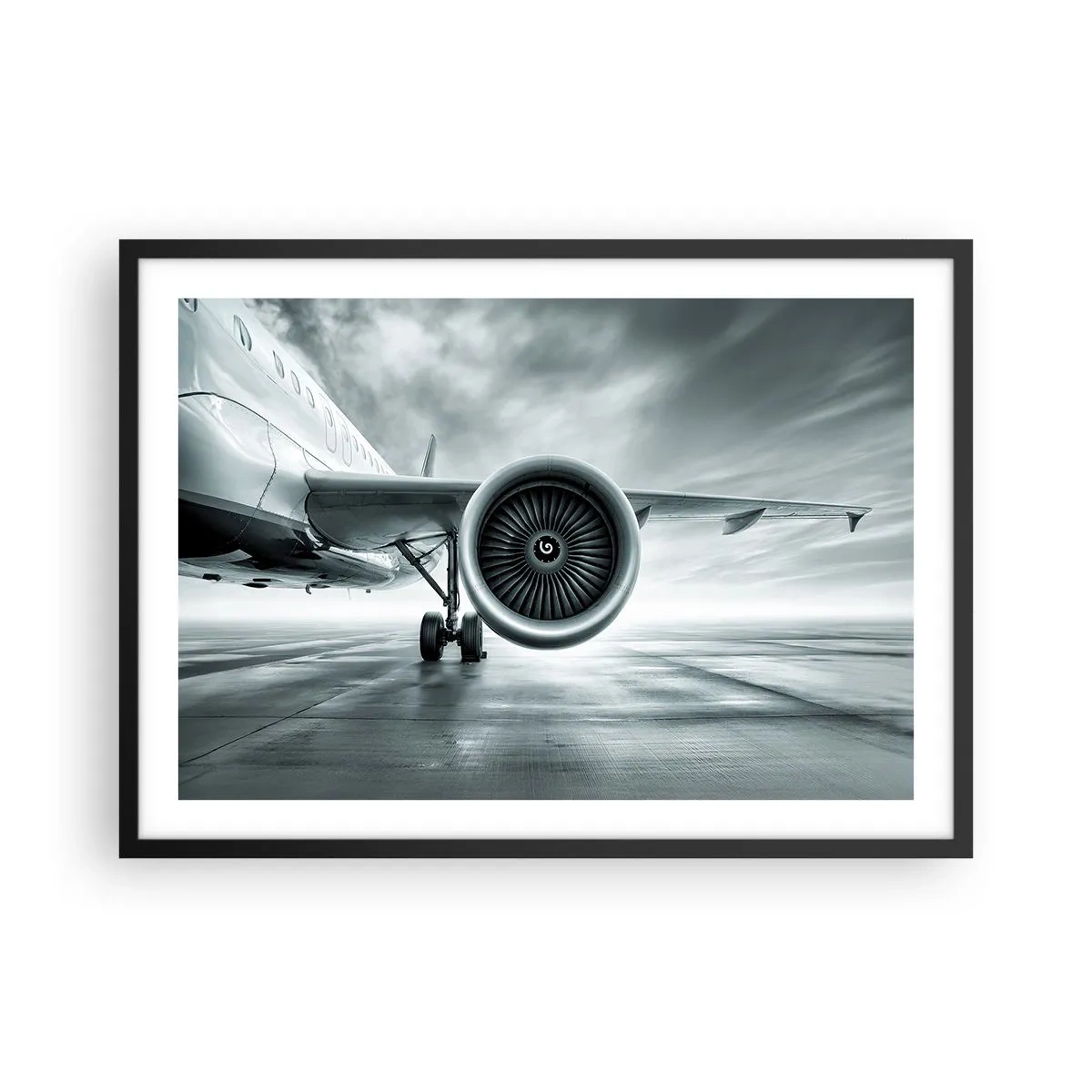 Poster in cornice nera - Il motore a reazione di un aereo sulla pista - 70x50cm - C'è la forza! - Decorazione murale moderna per soggiorno e camera da letto ARTTOR