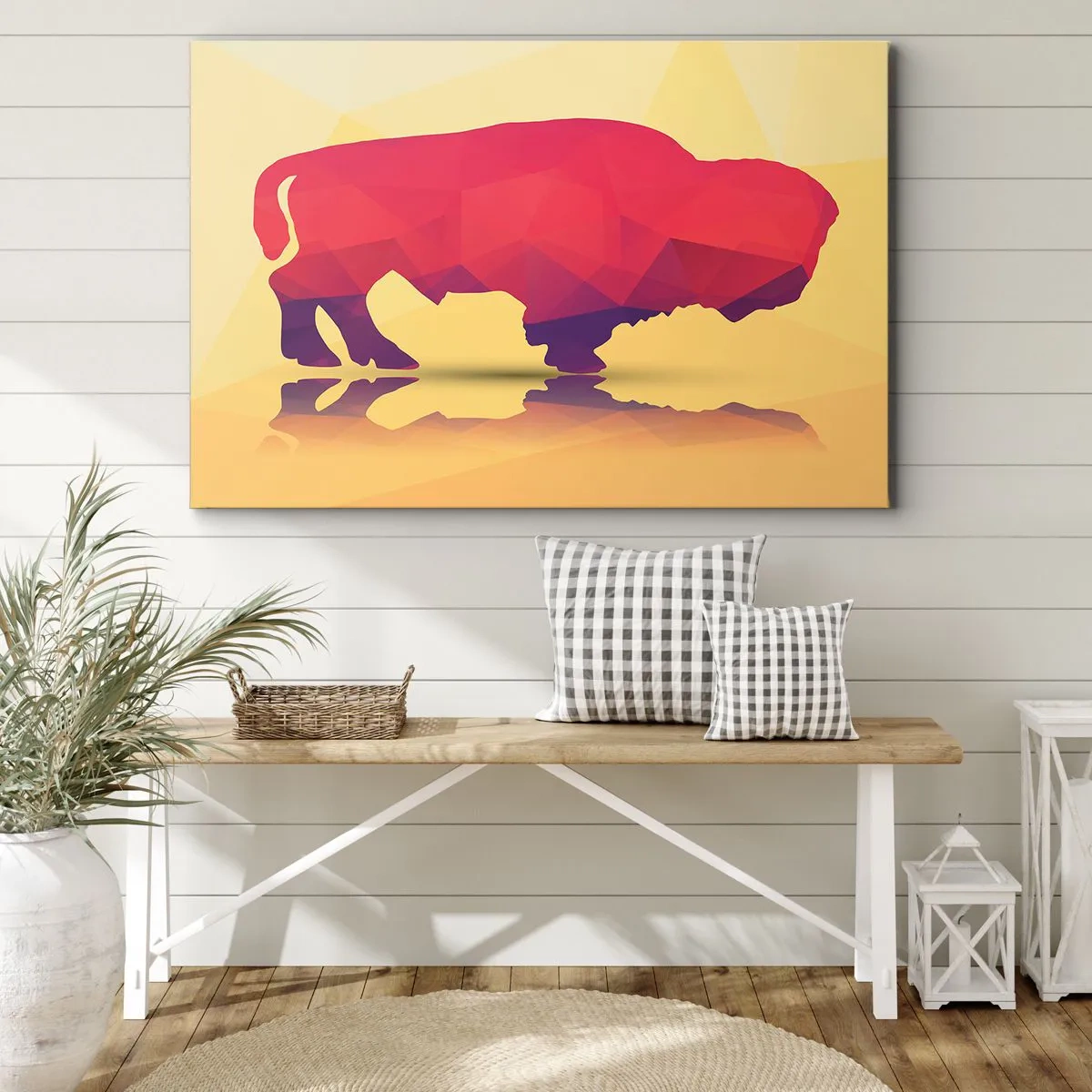 Quadro su tela - Stampe su Tela - Silhouette geometrica di un bisonte nei toni del rosso e del viola - 70x50cm - La forza del bisonte amaranto - Decorazione murale moderna per soggiorno e camera da letto ARTTOR