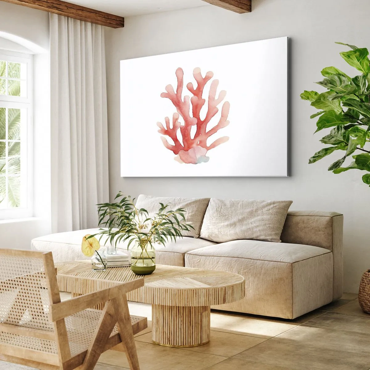 Quadro su tela - Stampe su Tela - Una sottile illustrazione di corallo in tonalità pastello - 70x50cm - Corallo color corallo - Decorazione murale moderna per soggiorno e camera da letto ARTTOR