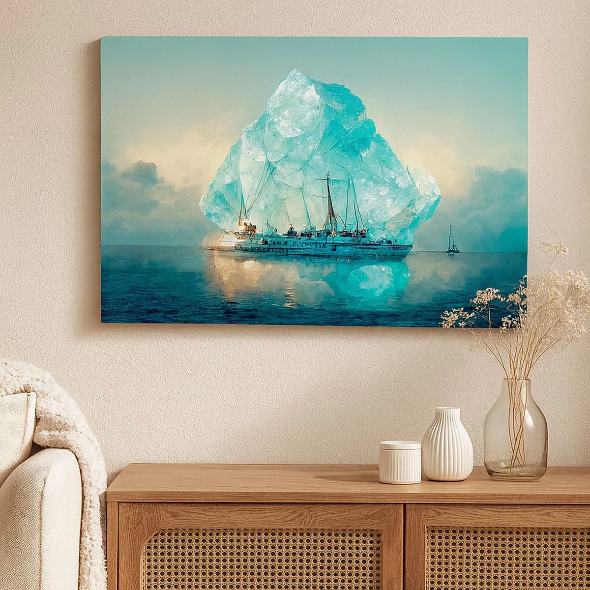 Quadro su tela - Stampe su Tela - Una nave con un maestoso iceberg sullo sfondo - 70x50cm - Brillante artico - Decorazione murale moderna per soggiorno e camera da letto ARTTOR