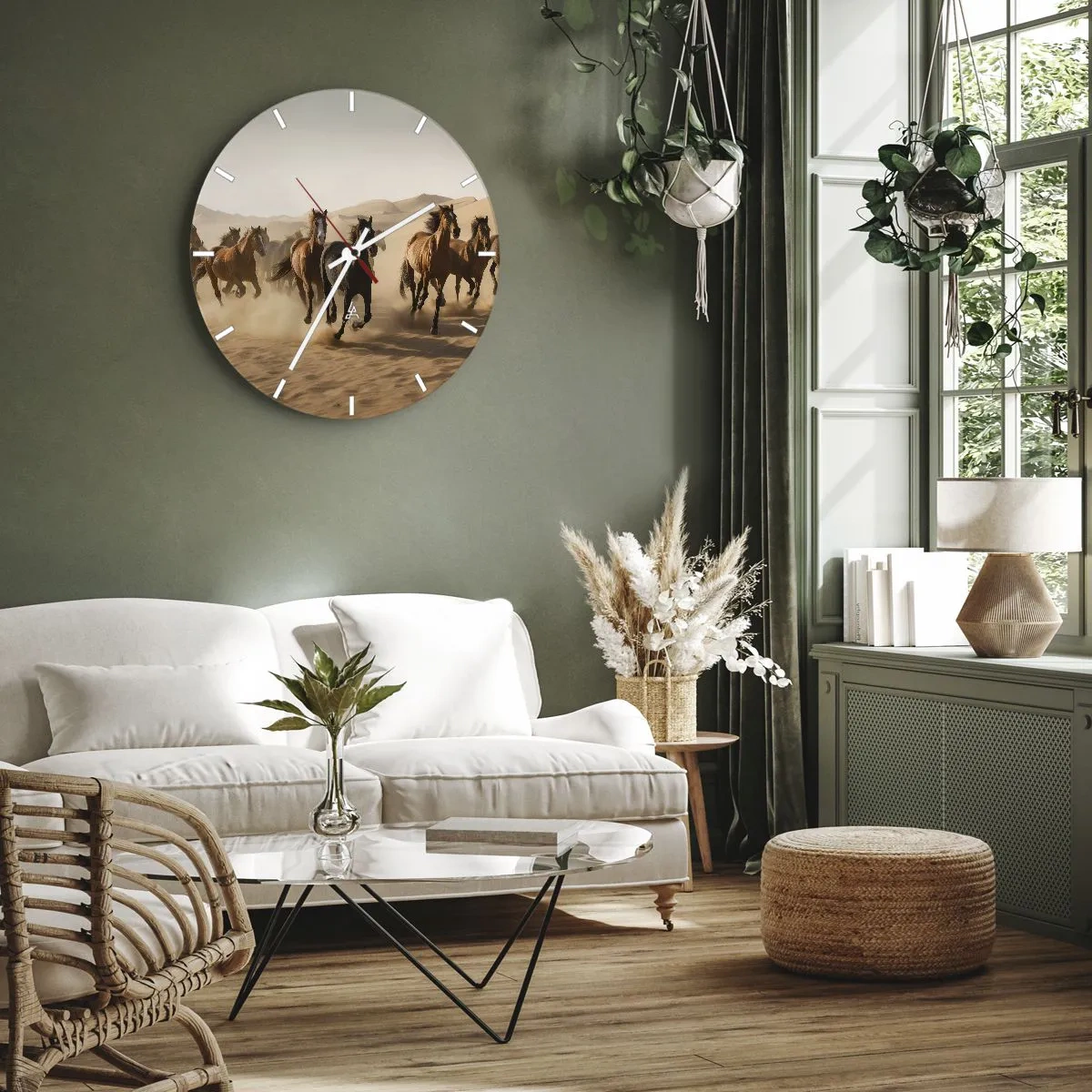 Orologio da parete - Orologio in Vetro - Cavalli al galoppo sullo sfondo delle dune del deserto - 30x30cm - Liberi come il vento - Decorazione murale moderna per soggiorno, cucina e camera da letto ARTTOR