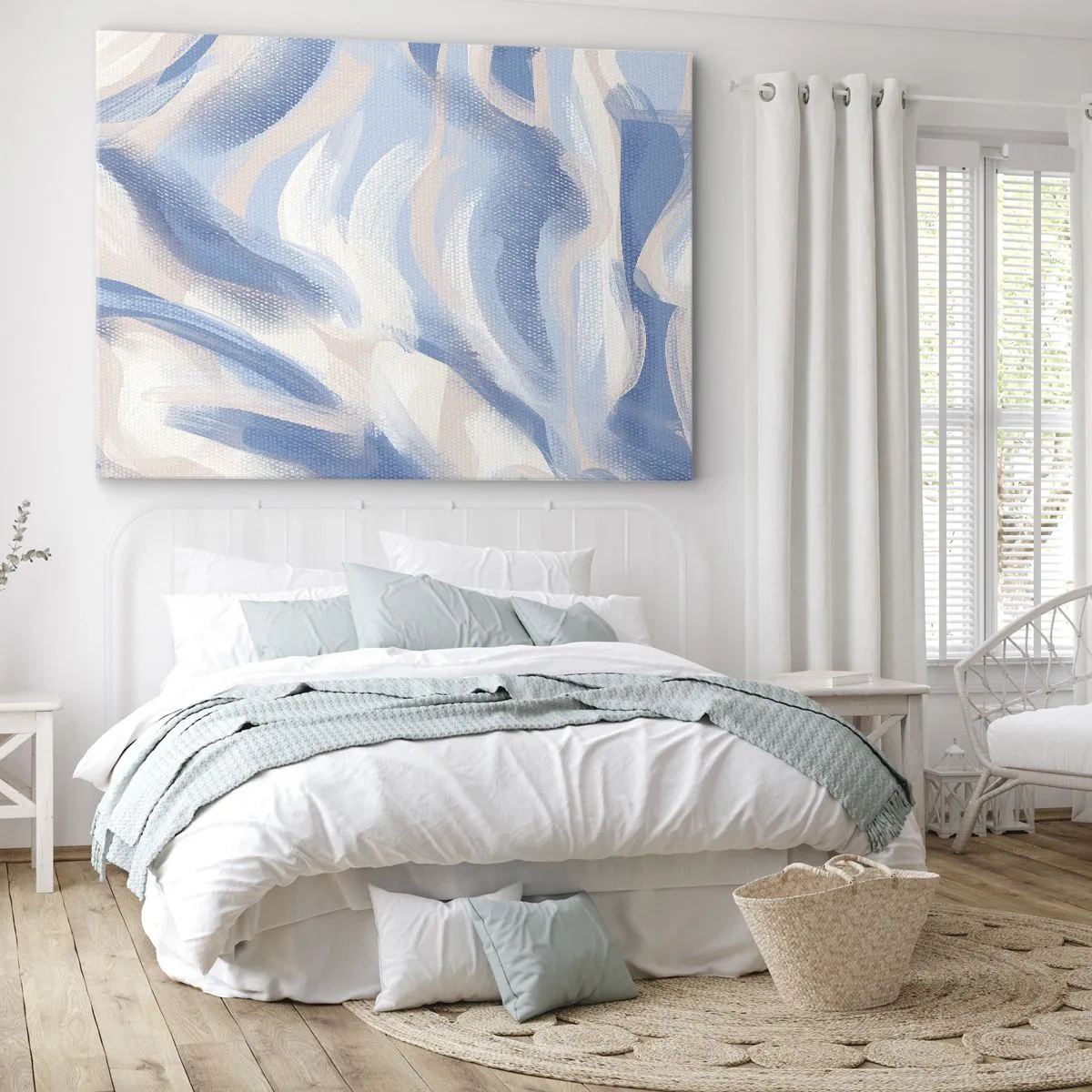 Quadro su tela - Stampe su Tela - Pennellate astratte nei toni del blu e del beige - 70x50cm - Ondulazioni azzurre - Decorazione murale moderna per soggiorno e camera da letto ARTTOR