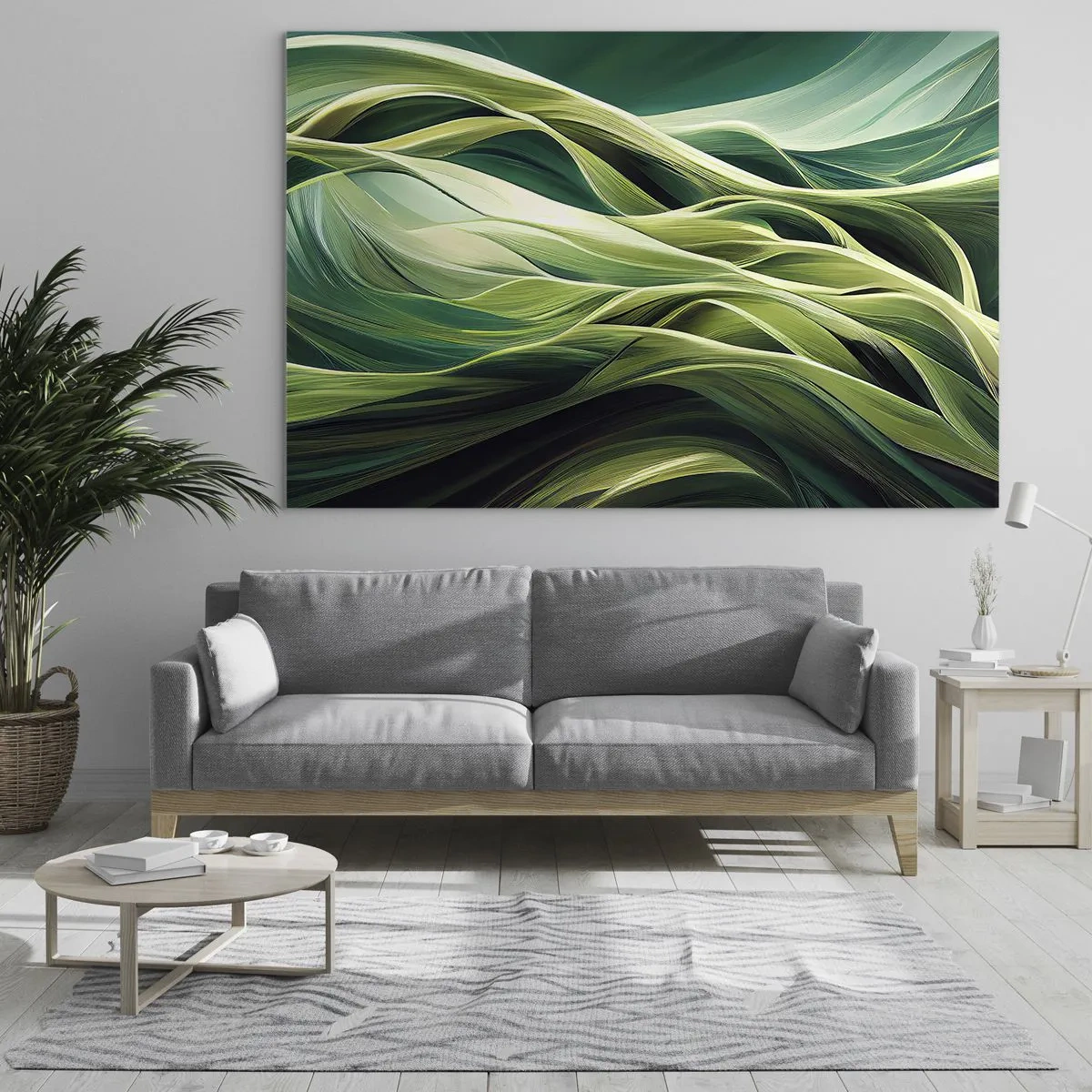 Quadro su vetro - Onde verdi astratte con forme organiche - 70x50cm - Gioco astratto in verde - Decorazione murale moderna per soggiorno e camera da letto ARTTOR