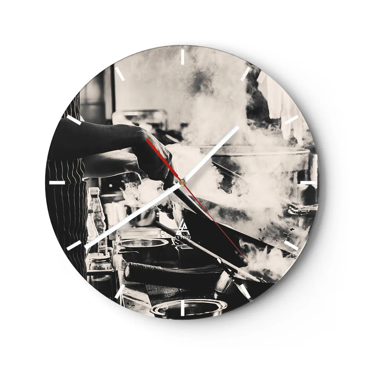 Orologio da parete - Orologio in Vetro - Uno chef al lavoro in cucina circondato dal vapore - 30x30cm - L'alchimia dei sapori - Decorazione murale moderna per soggiorno, cucina e camera da letto ARTTOR