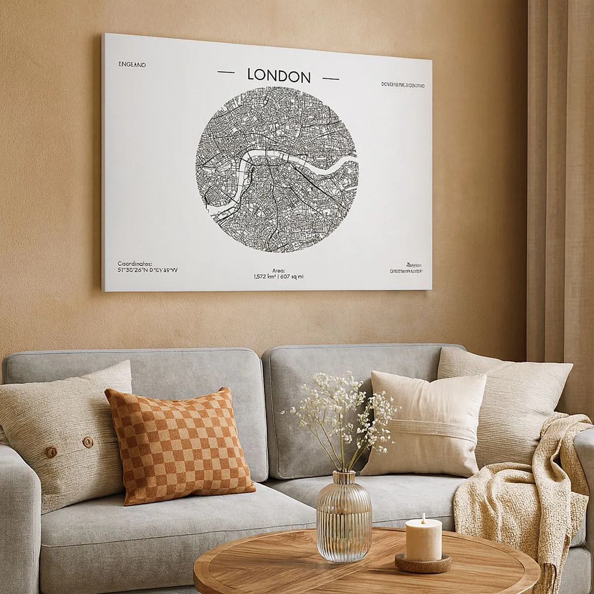 Quadro su tela - Stampe su Tela - Una mappa minimalista di Londra in bianco e nero con dettagli precisi. - 70x50cm - Anatomia di Londra - Decorazione murale moderna per soggiorno e camera da letto ARTTOR