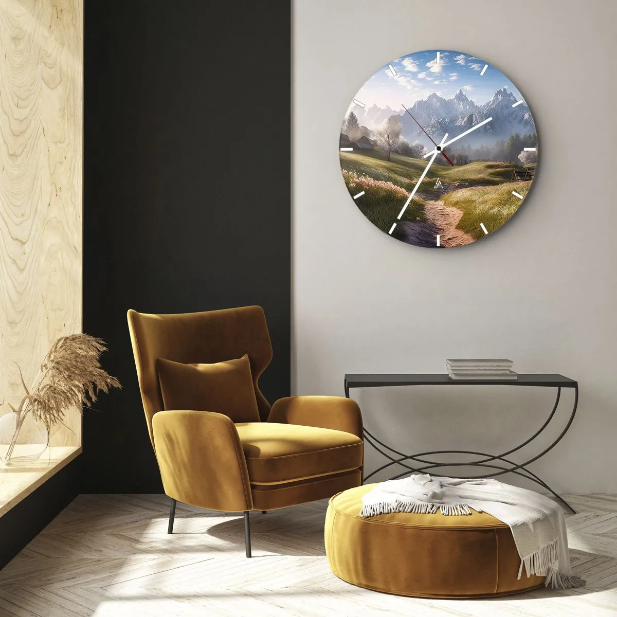 Orologio da parete - Orologio in Vetro - Un paesaggio montano con una valle, un sentiero e cottage idilliaci - 30x30cm - Valle idilliaca - Decorazione murale moderna per soggiorno, cucina e camera da letto ARTTOR