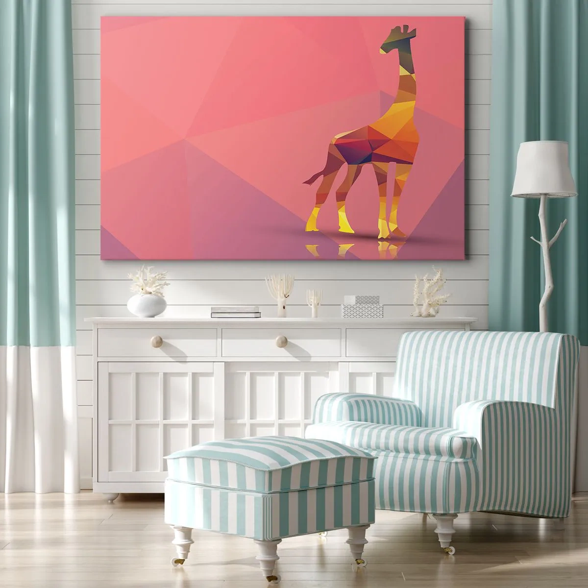 Quadro su tela - Stampe su Tela - Silhouette geometrica di giraffa in tonalità pastello di rosa e giallo - 70x50cm - Nei colori della savana - Decorazione murale moderna per soggiorno e camera da letto ARTTOR
