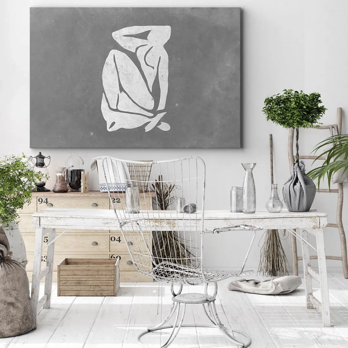 Quadro su tela - Stampe su Tela - Un disegno di silhouette minimalista su uno sfondo grigio - 70x50cm - Pensierosa - Decorazione murale moderna per soggiorno e camera da letto ARTTOR