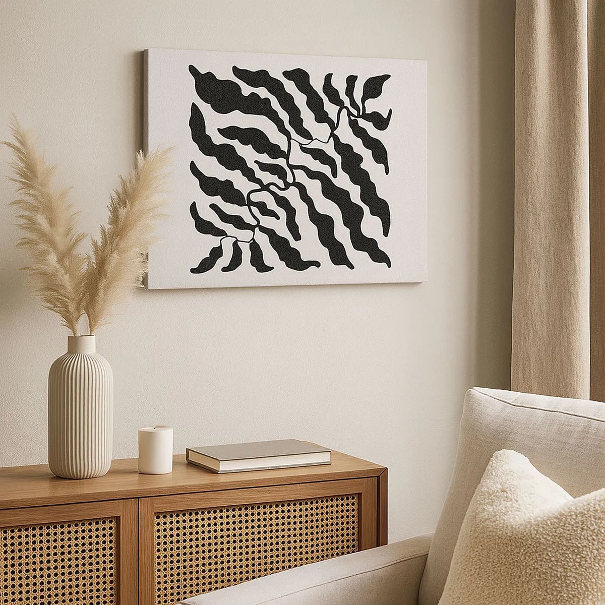 Quadro su tela - Stampe su Tela - Ramoscelli con foglie nere su sfondo chiaro - 70x50cm - La natura del quadrato - Decorazione murale moderna per soggiorno e camera da letto ARTTOR