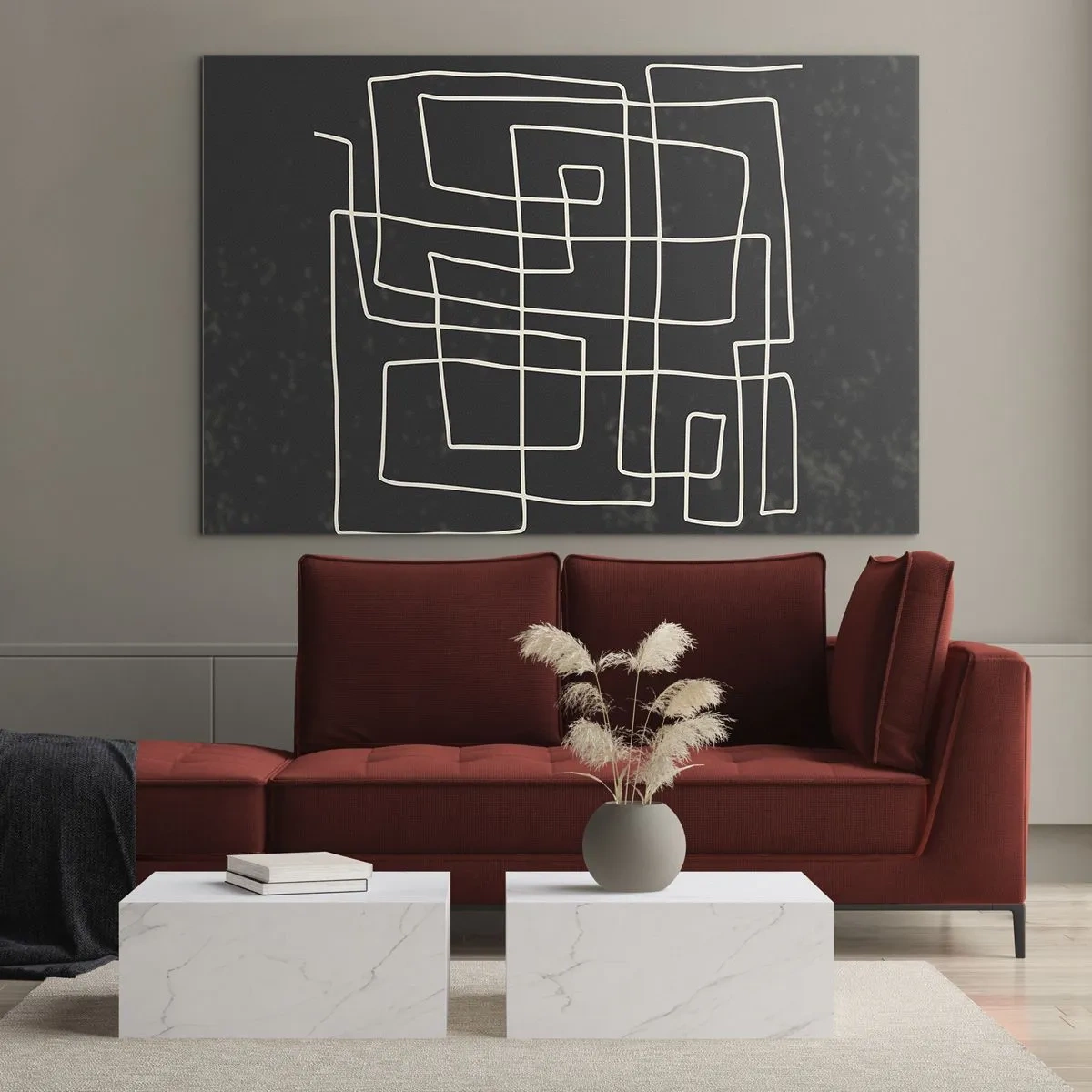 Quadro su vetro - Astrazione geometrica con linee bianche su sfondo nero - 70x50cm - Non è così semplice - Decorazione murale moderna per soggiorno e camera da letto ARTTOR