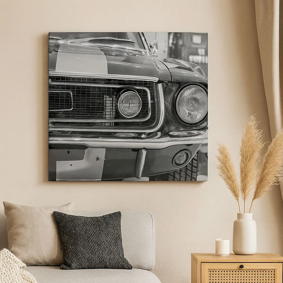 Quadro su tela - Stampe su Tela - Cofano di un'auto classica in bianco e nero - 70x50cm - A rotta di collo - Decorazione murale moderna per soggiorno e camera da letto ARTTOR
