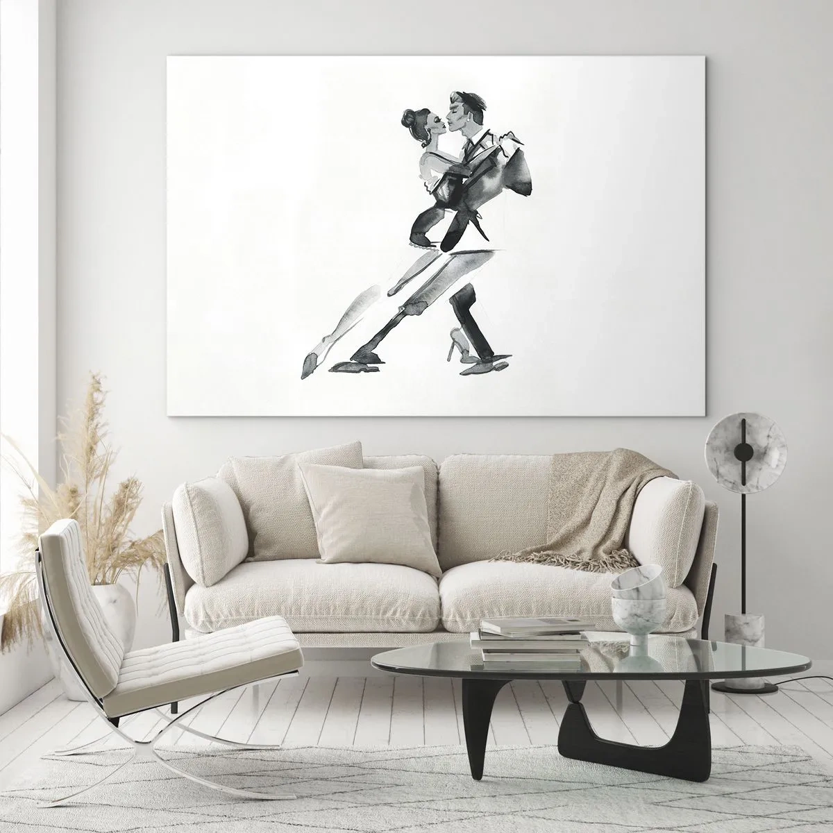Quadro su vetro - Una coppia che balla il tango in acquerello bianco e nero - 70x50cm - In un unico ritmo - Decorazione murale moderna per soggiorno e camera da letto ARTTOR