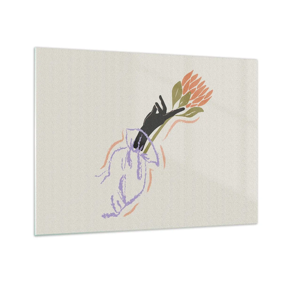 Quadro su vetro - Una mano stilizzata con un mazzo di fiori disegnato con linee pastello. - 70x50cm - Tocco delicato - Decorazione murale moderna per soggiorno e camera da letto ARTTOR