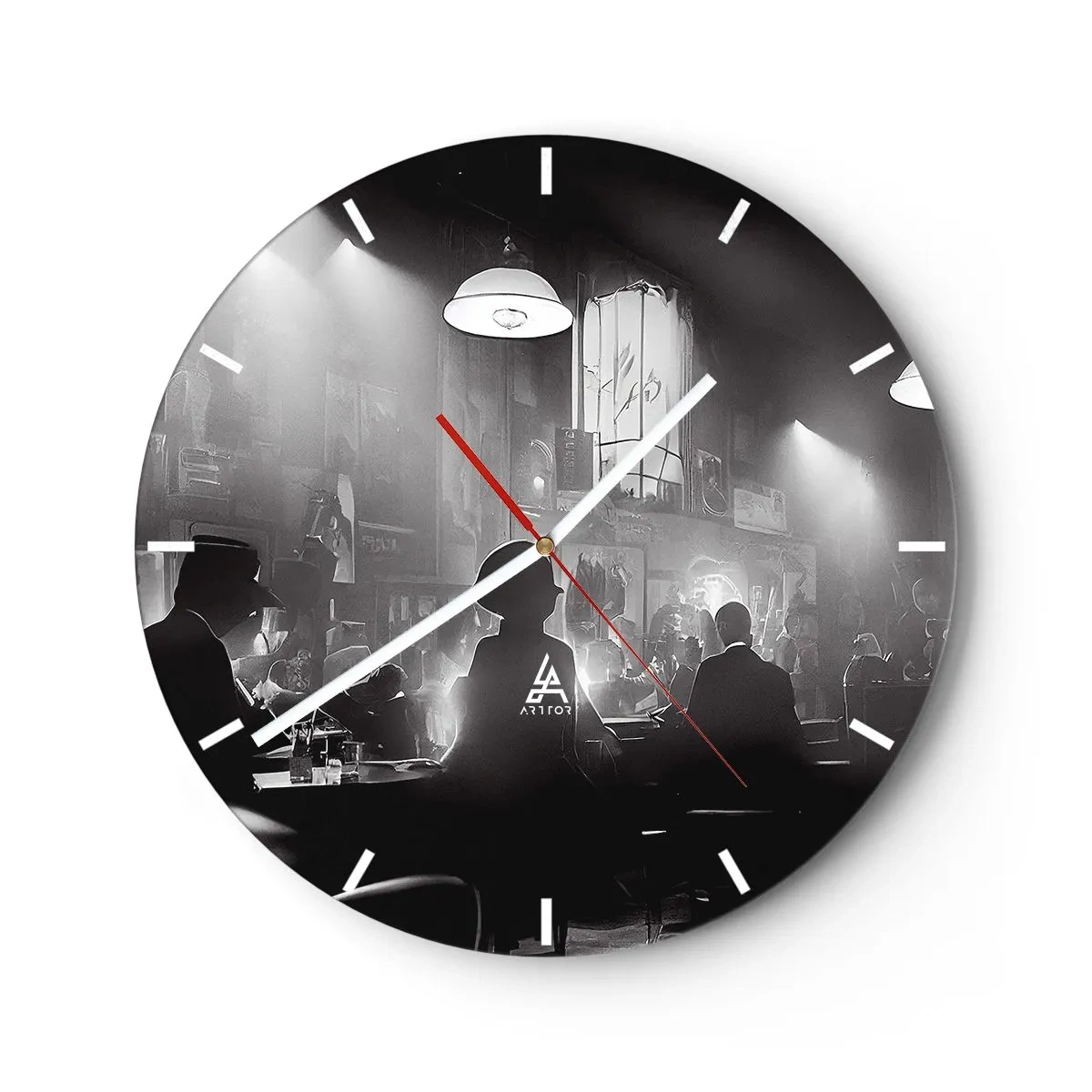 Orologio da parete - Orologio in Vetro - Scena in bianco e nero di un jazz club con sagome di ospiti - 30x30cm - Nell'atmosfera jazz - Decorazione murale moderna per soggiorno, cucina e camera da letto ARTTOR