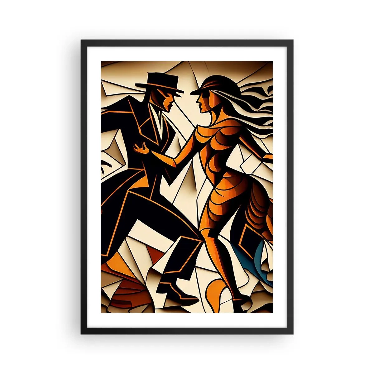 Poster in cornice nera - Una coppia dinamica che balla il tango in stile cubista. - 50x70cm - La danza della passione - Decorazione murale moderna per soggiorno e camera da letto ARTTOR