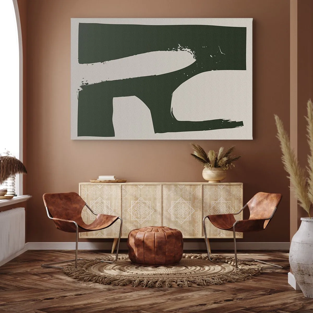 Quadro su tela - Stampe su Tela - Astratto minimalista in verde su sfondo chiaro - 70x50cm - Golfi di bianco - Decorazione murale moderna per soggiorno e camera da letto ARTTOR