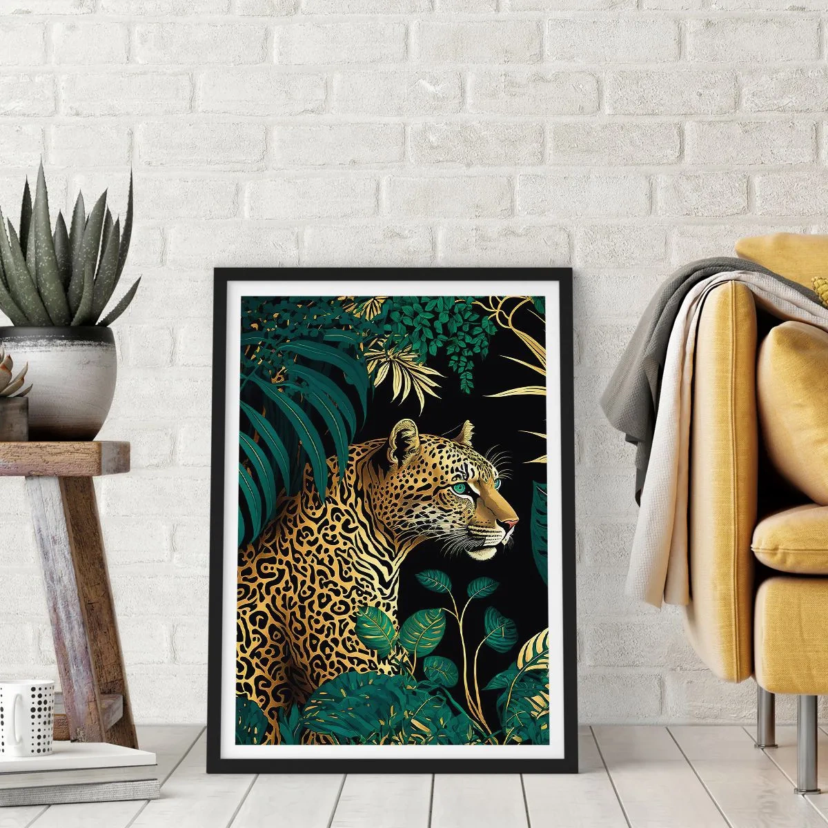 Poster in cornice nera - Leopardo dorato nella giungla tropicale - 50x70cm - Il signore della giungla - Decorazione murale moderna per soggiorno e camera da letto ARTTOR