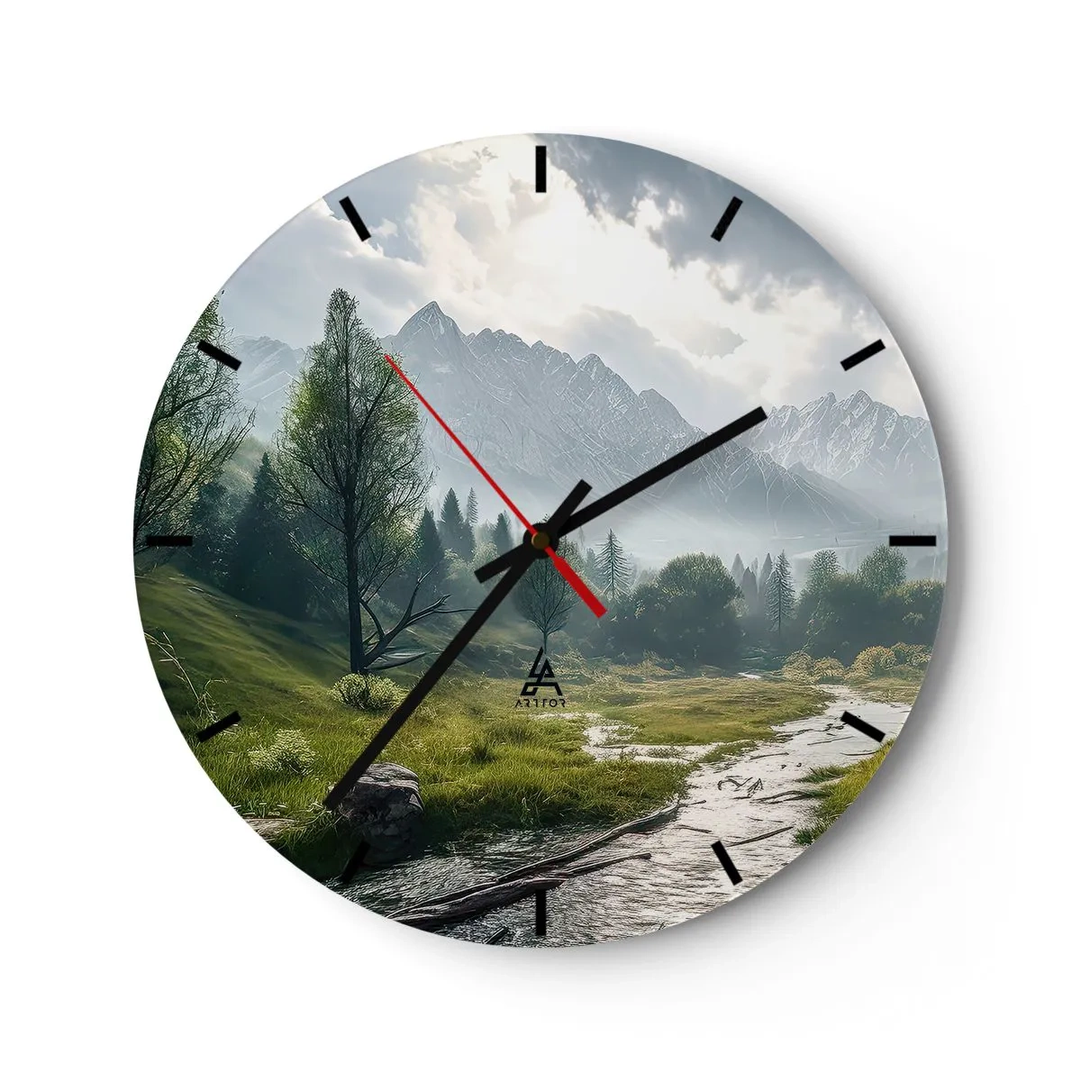 Orologio da parete - Orologio in Vetro - Paesaggio montano con fiume e alberi al mattino - 30x30cm - Andata e ritorno - Decorazione murale moderna per soggiorno, cucina e camera da letto ARTTOR