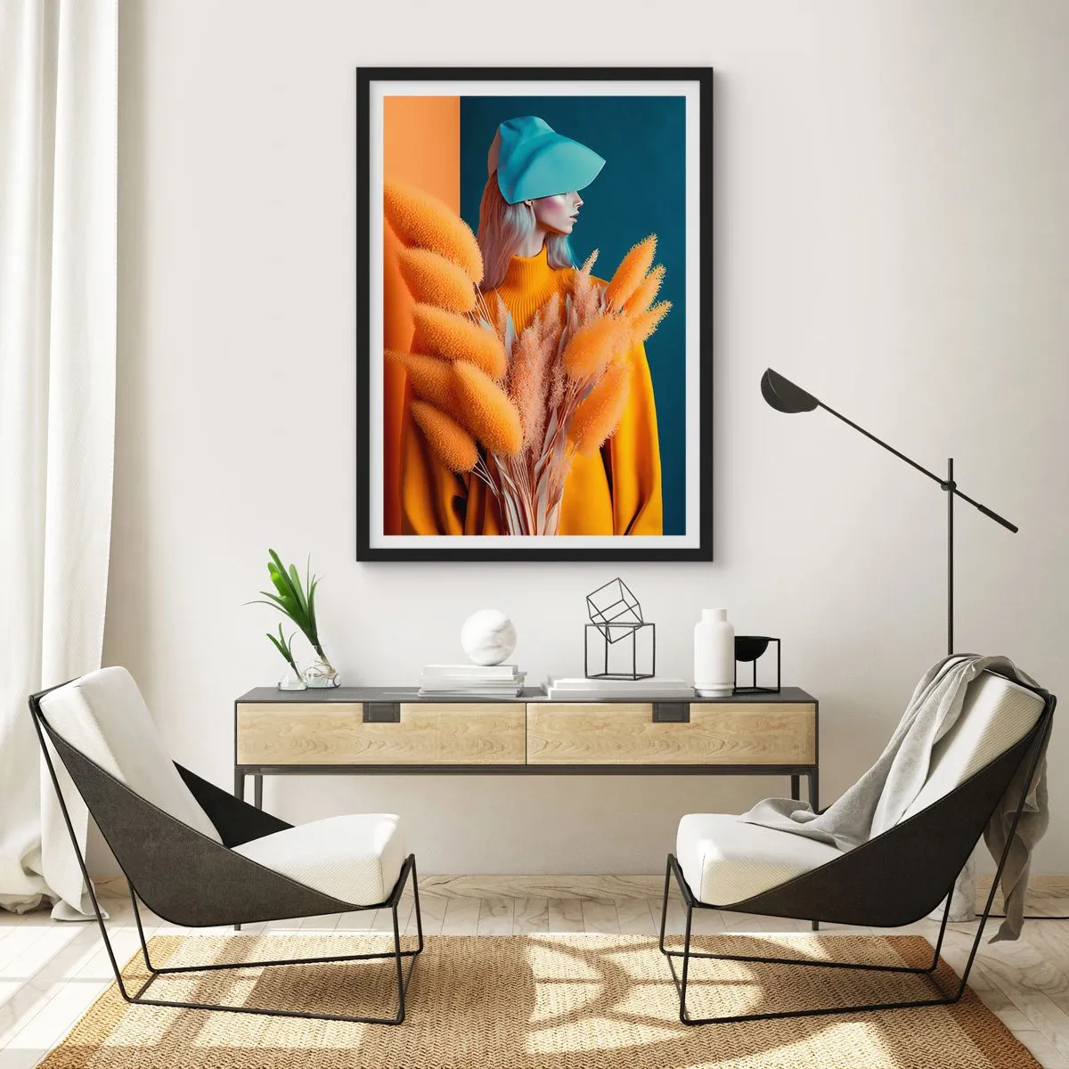 Poster in cornice nera - Un ritratto moderno di una donna dai colori caldi - 50x70cm - Ritratto soffice - Decorazione murale moderna per soggiorno e camera da letto ARTTOR
