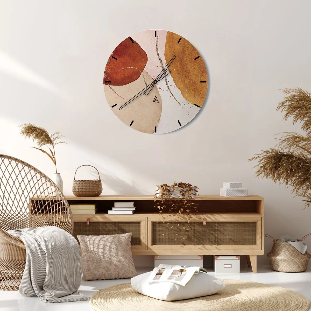 Orologio da parete - Orologio in Vetro - Composizione astratta con macchie di colore terroso - 30x30cm - Rotondità e movimento - Decorazione murale moderna per soggiorno, cucina e camera da letto ARTTOR