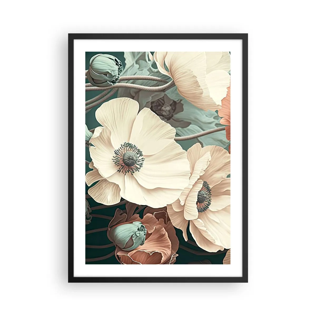 Poster in cornice nera - Delicati fiori in tonalità pastello su sfondo scuro - 50x70cm - Il sussurro dei papaveri - Decorazione murale moderna per soggiorno e camera da letto ARTTOR