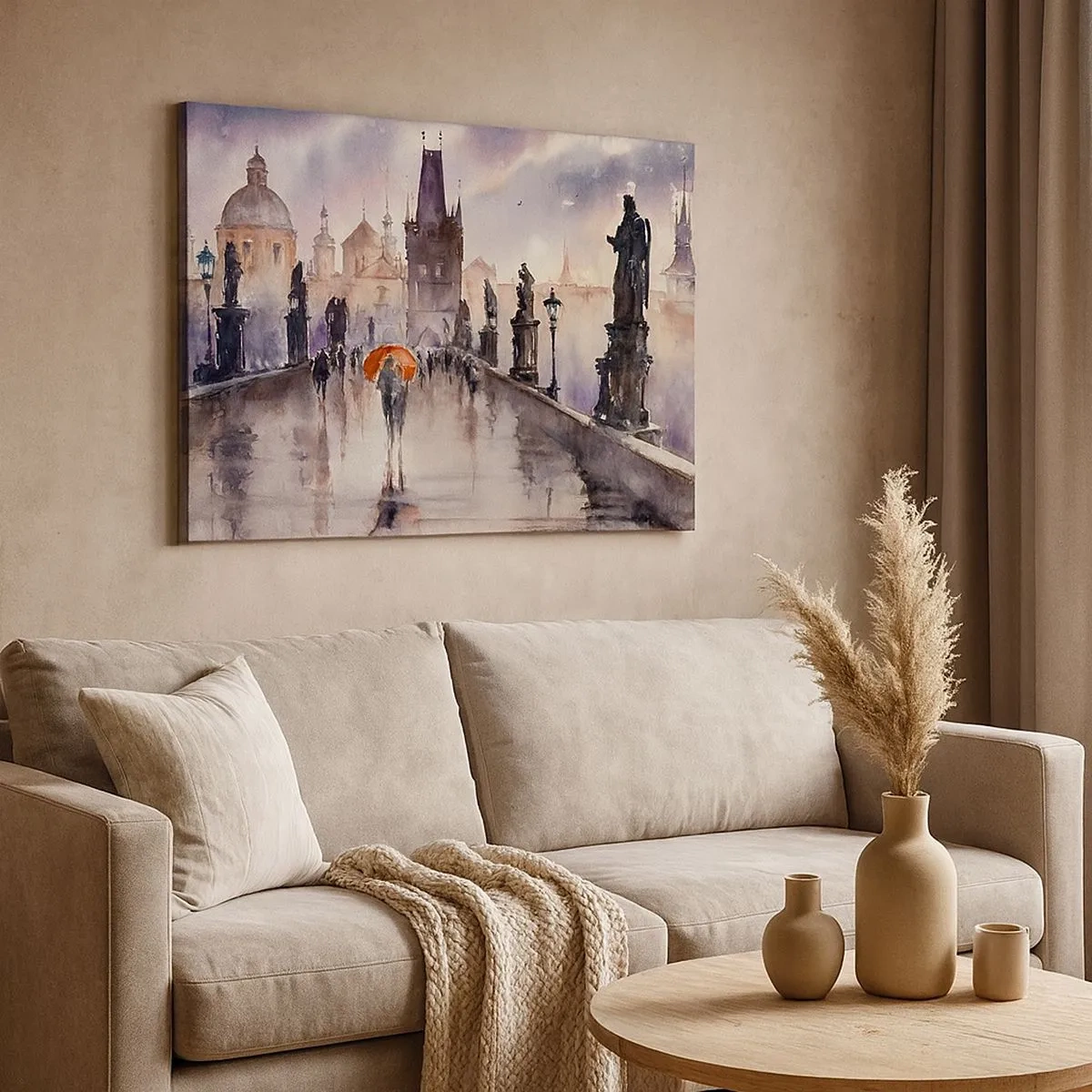 Quadro su tela - Stampe su Tela - Vista romantica di un ponte con un ombrello sullo sfondo di una città serale - 70x50cm - Le persone non cambiano - Decorazione murale moderna per soggiorno e camera da letto ARTTOR