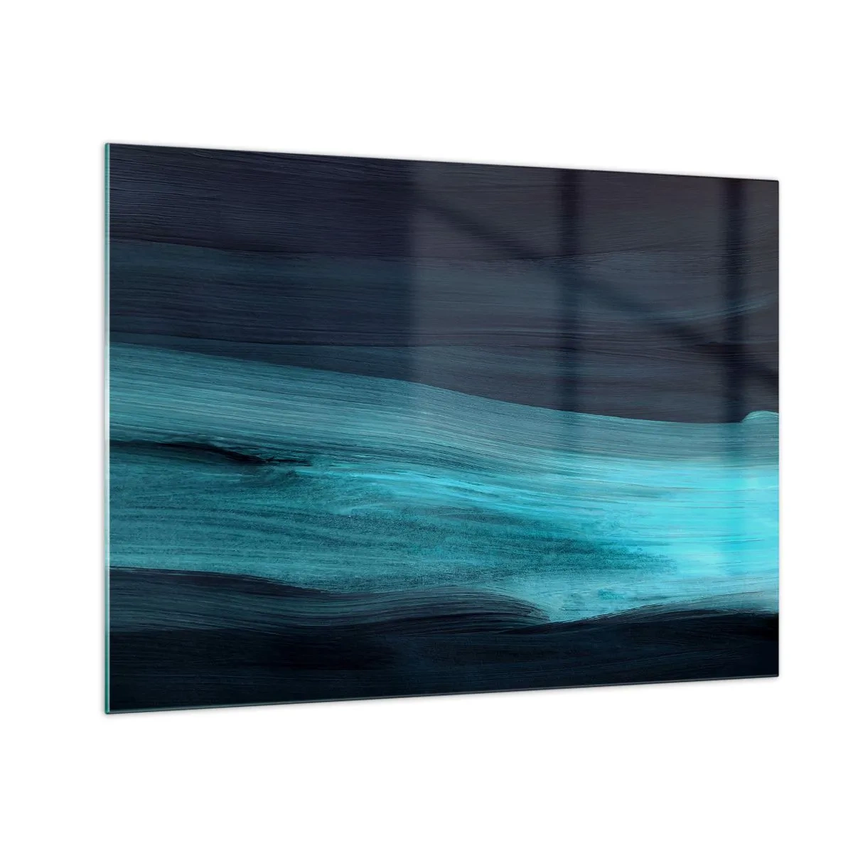 Quadro su vetro - Onda astratta nei toni del turchese e del blu navy - 70x50cm - Seguendo la corrente - Decorazione murale moderna per soggiorno e camera da letto ARTTOR