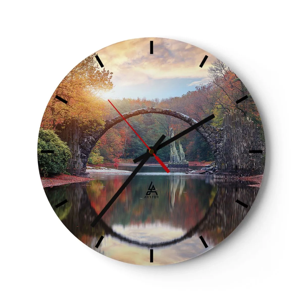 Orologio da parete - Orologio in Vetro - Un ponte ad arco in pietra che si riflette nell'acqua crea un cerchio - 30x30cm - Dall'altro lato dello specchio - Decorazione murale moderna per soggiorno, cucina e camera da letto ARTTOR
