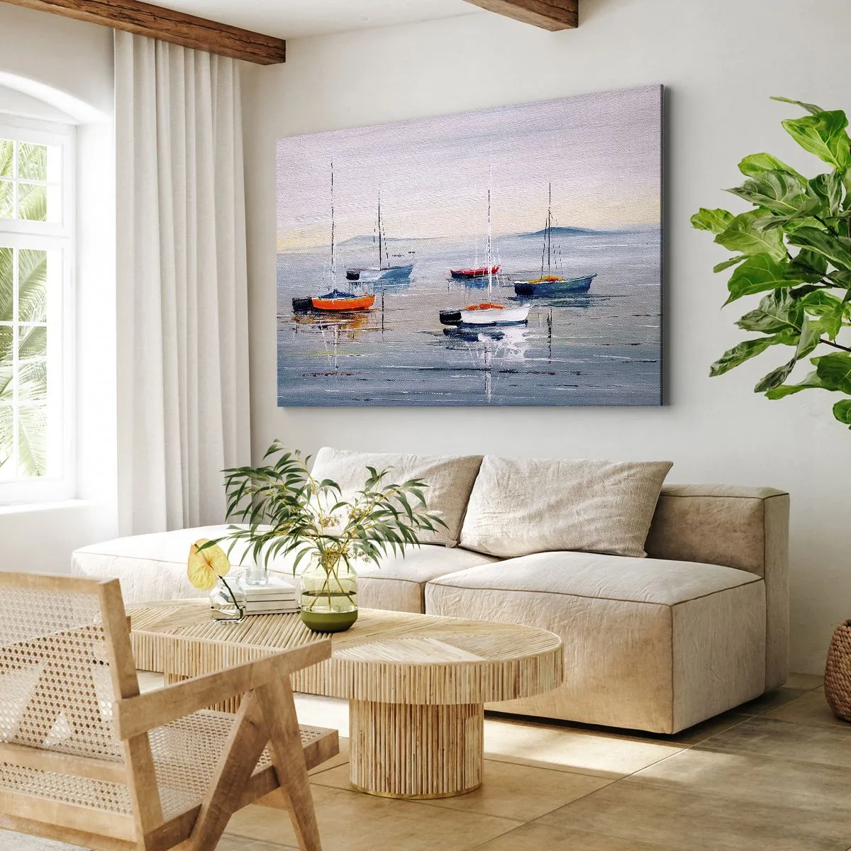 Quadro su tela - Stampe su Tela - Barche colorate in acque calme - 70x50cm - Meritato riposo - Decorazione murale moderna per soggiorno e camera da letto ARTTOR