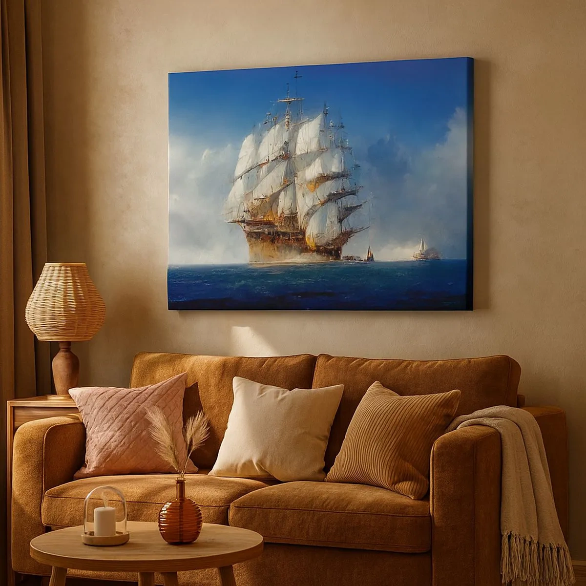 Quadro su tela - Stampe su Tela - Una nave a vela in mare aperto sotto un cielo azzurro - 70x50cm - The great glory! - Decorazione murale moderna per soggiorno e camera da letto ARTTOR