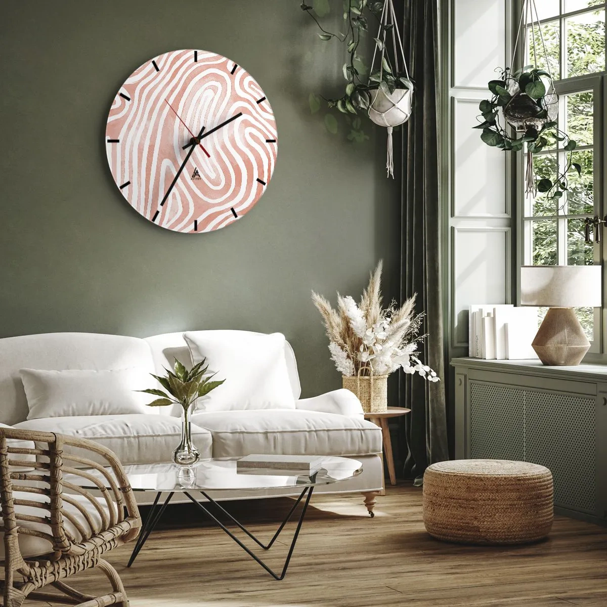 Orologio da parete - Orologio in Vetro - Motivo astratto che ricorda le impronte digitali in rosa - 30x30cm - Nel labirinto di corallo - Decorazione murale moderna per soggiorno, cucina e camera da letto ARTTOR