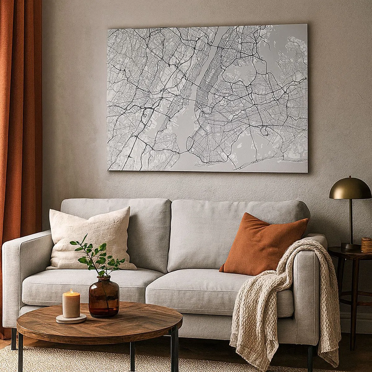 Quadro su tela - Stampe su Tela - Una mappa della città in stile minimalista su sfondo grigio - 70x50cm - Anatomia della metropoli - Decorazione murale moderna per soggiorno e camera da letto ARTTOR