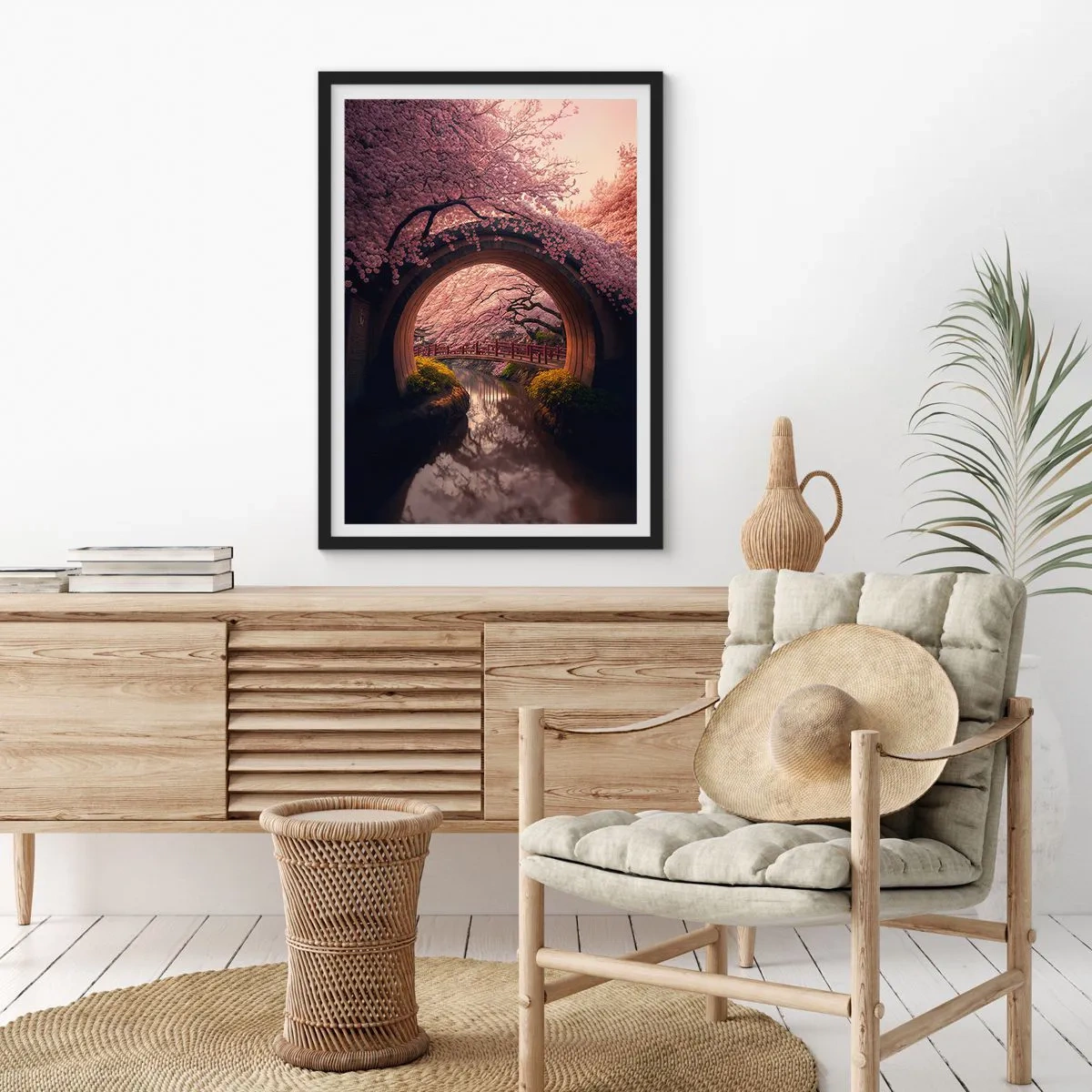 Poster in cornice nera - Un ponte romantico tra i fiori di ciliegio - 50x70cm - Primavera giapponese - Decorazione murale moderna per soggiorno e camera da letto ARTTOR
