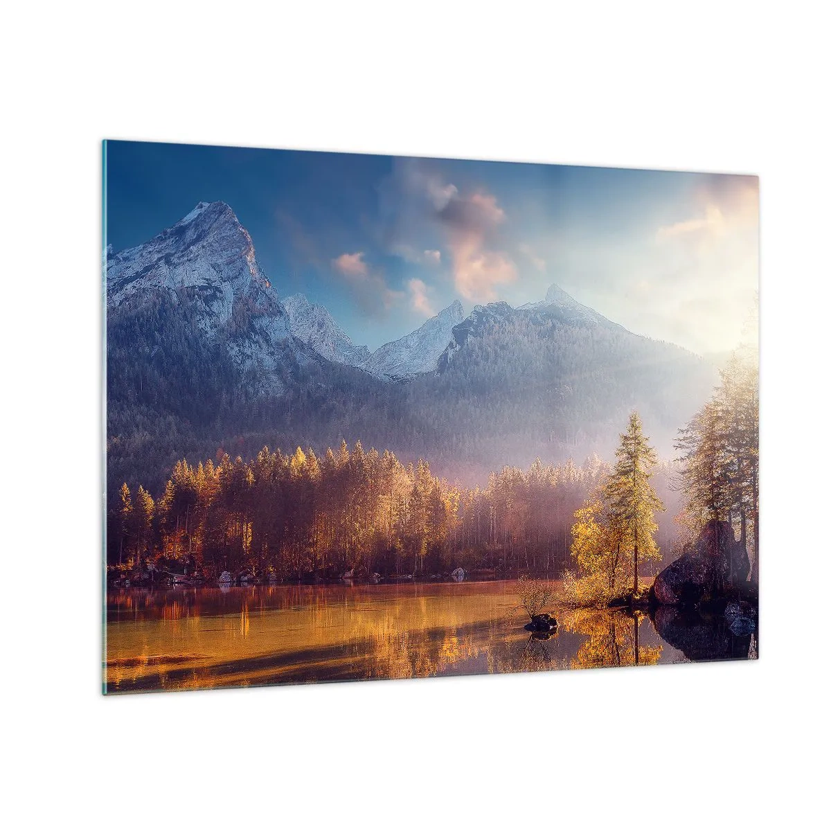 Quadro su vetro - Luce dorata del mattino su un lago di montagna circondato dalla foresta - 70x50cm - Sui monti e nelle valli - Decorazione murale moderna per soggiorno e camera da letto ARTTOR