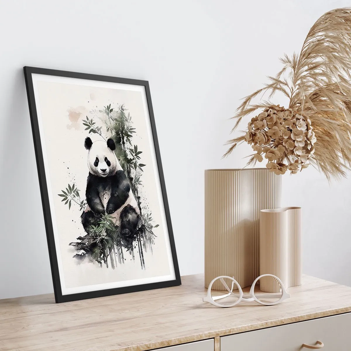 Poster in cornice nera - Panda acquerello circondato da foglie di bambù - 50x70cm - Saluti dalla Cina - Decorazione murale moderna per soggiorno e camera da letto ARTTOR