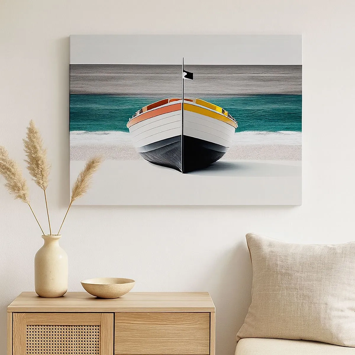 Quadro su tela - Stampe su Tela - Una barca sulla spiaggia con un mare turchese sullo sfondo - 70x50cm - Al suo posto - Decorazione murale moderna per soggiorno e camera da letto ARTTOR