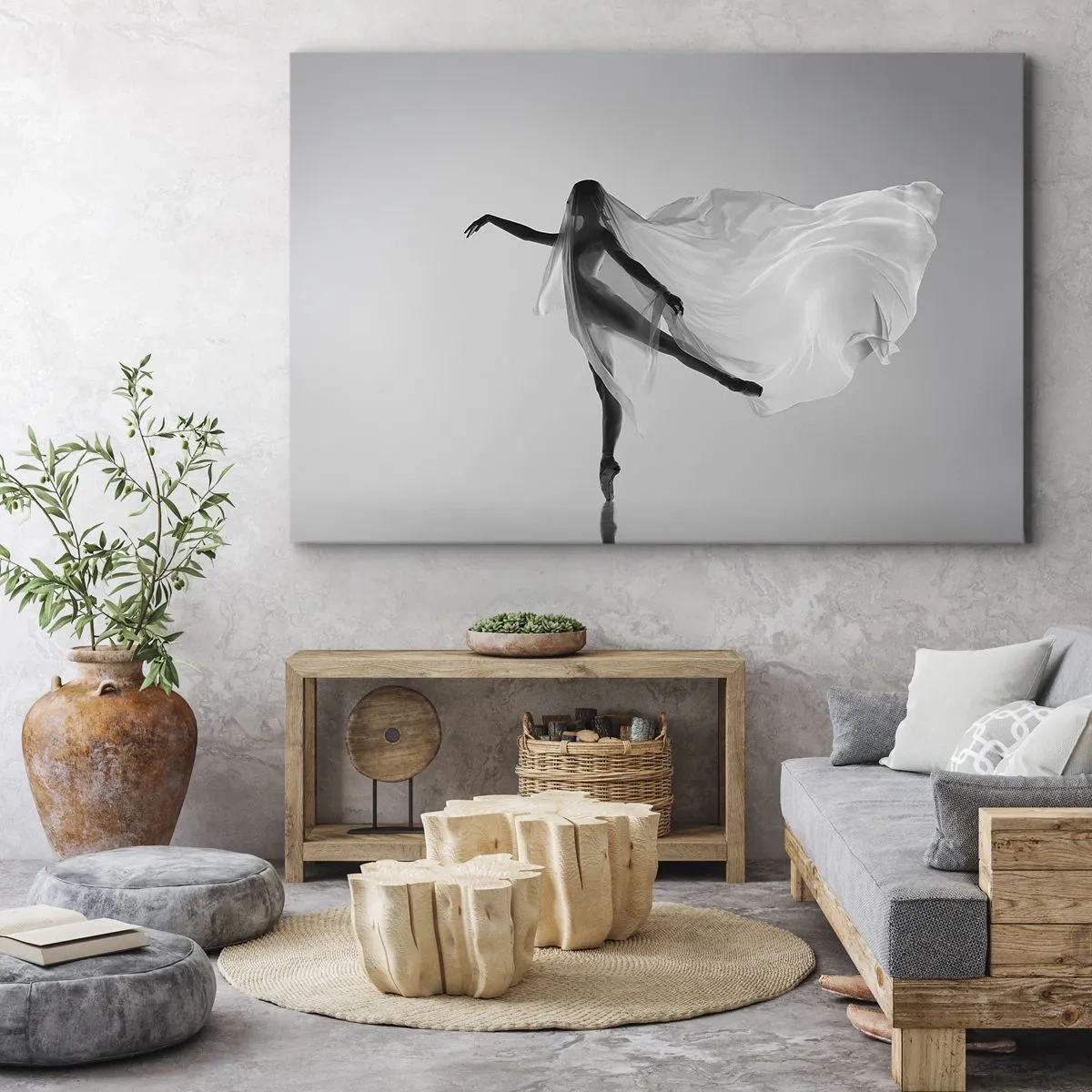 Quadro su tela - Stampe su Tela - Una ballerina in una posa eterea con tessuto fluido - 70x50cm - Leggerezza ed eleganza - Decorazione murale moderna per soggiorno e camera da letto ARTTOR