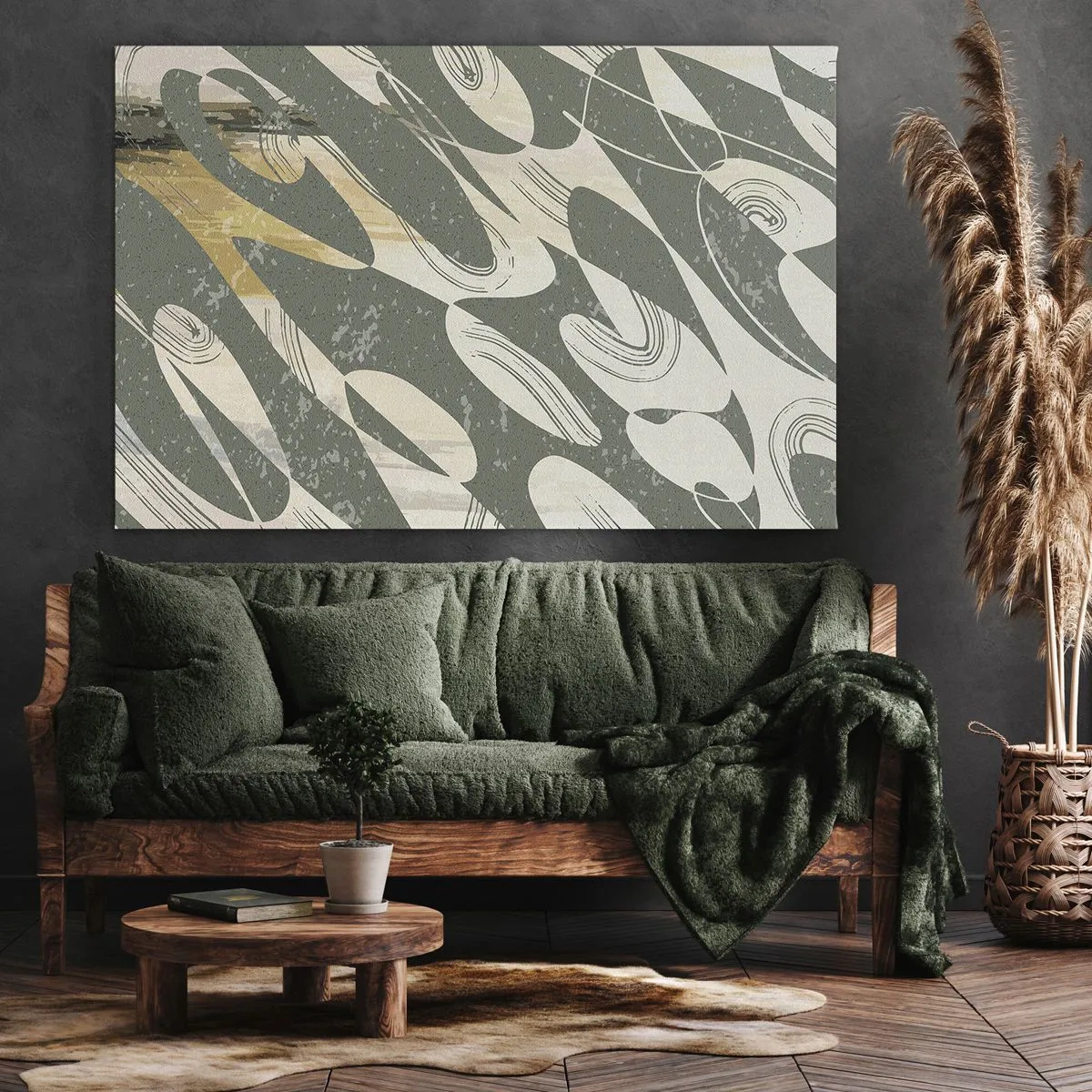 Quadro su tela - Stampe su Tela - Forme dinamiche nei toni del verde e dell'oro - 70x50cm - Astrazione ritmica - Decorazione murale moderna per soggiorno e camera da letto ARTTOR