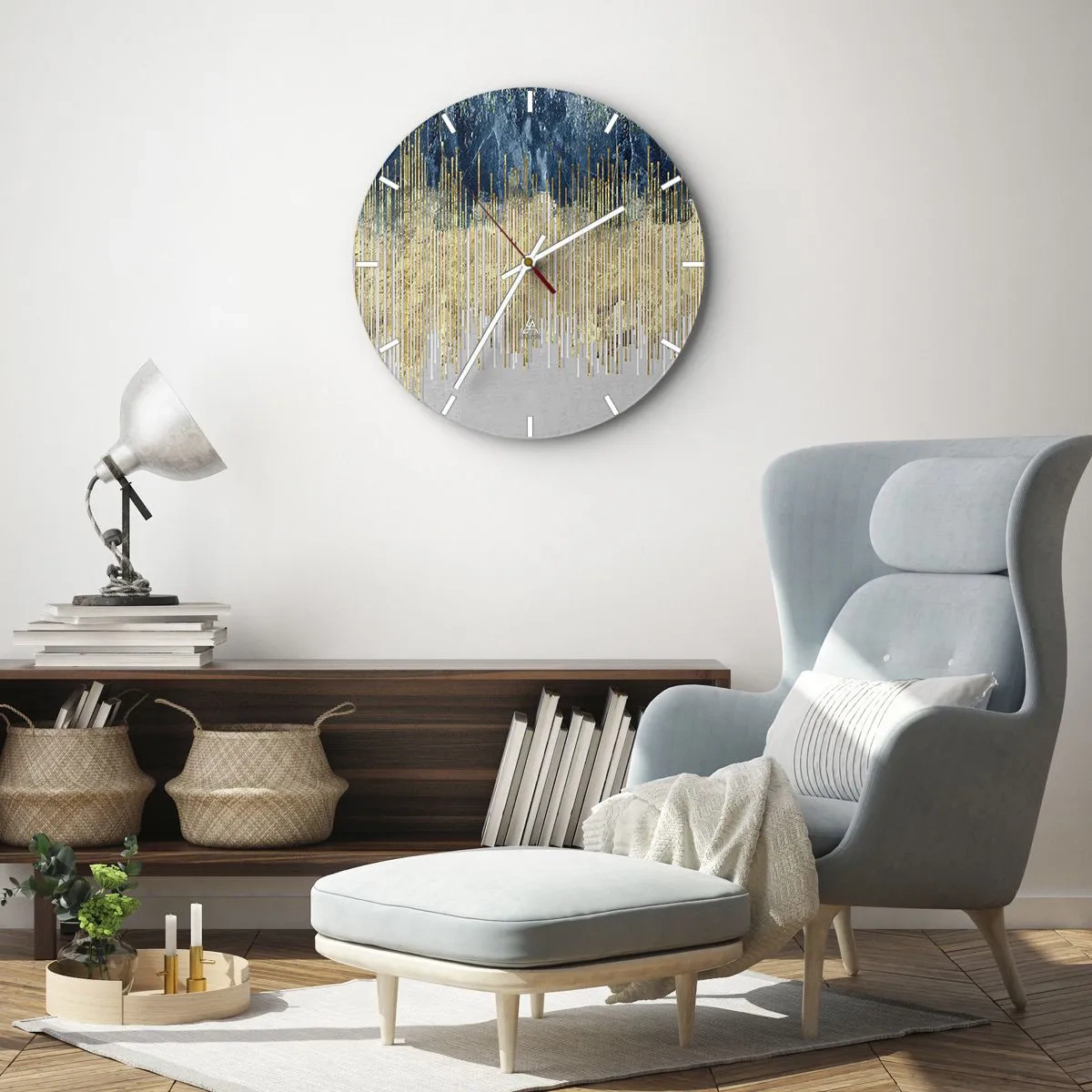 Orologio da parete - Orologio in Vetro - Linee verticali dorate che sfumano in sfumature blu navy e grigie - 30x30cm - Confine dorato - Decorazione murale moderna per soggiorno, cucina e camera da letto ARTTOR