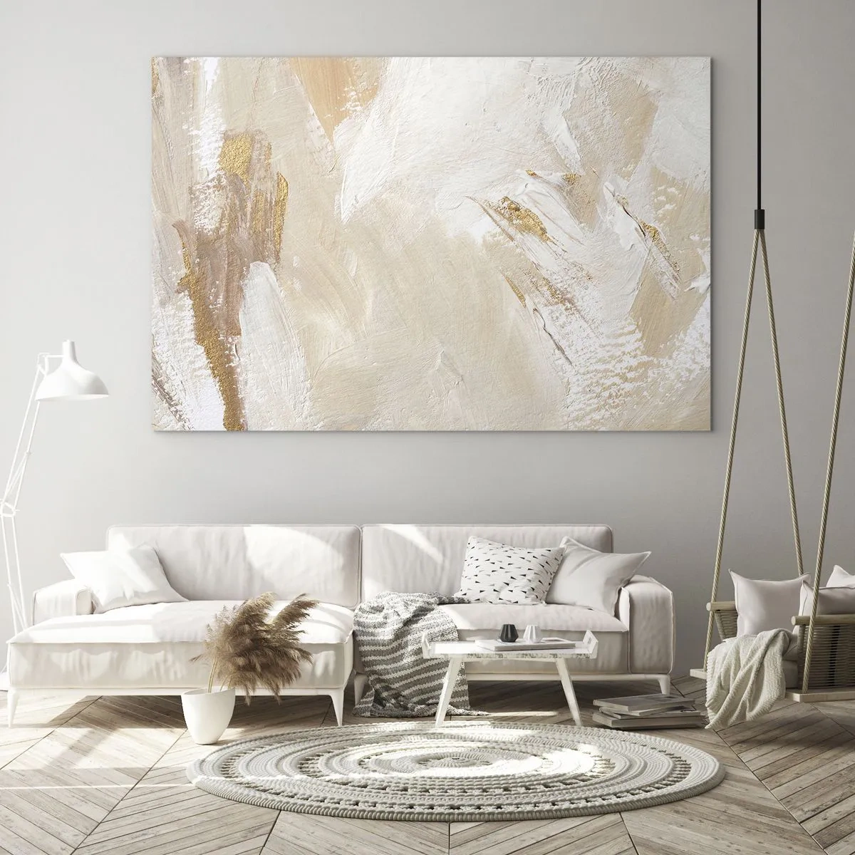 Quadro su vetro - Astrazione beige e bianca con accenti dorati - 70x50cm - Composizione pastello - Decorazione murale moderna per soggiorno e camera da letto ARTTOR