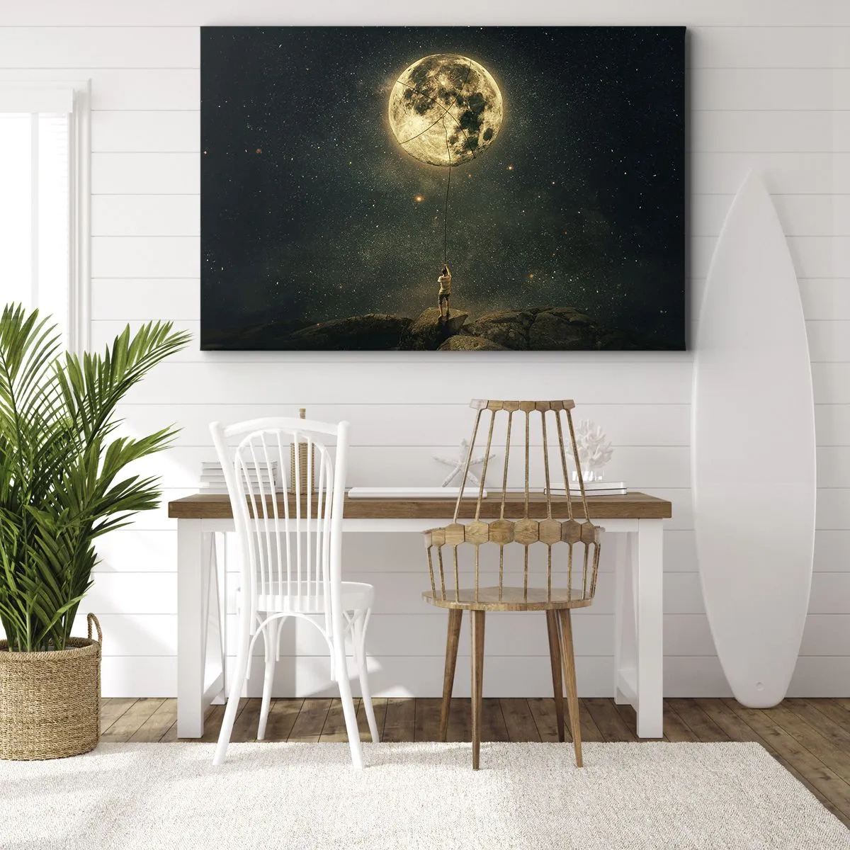 Quadro su tela - Stampe su Tela - Uomo con la Luna contro il cielo stellato - 70x50cm - Chi ha rubato la luna - Decorazione murale moderna per soggiorno e camera da letto ARTTOR