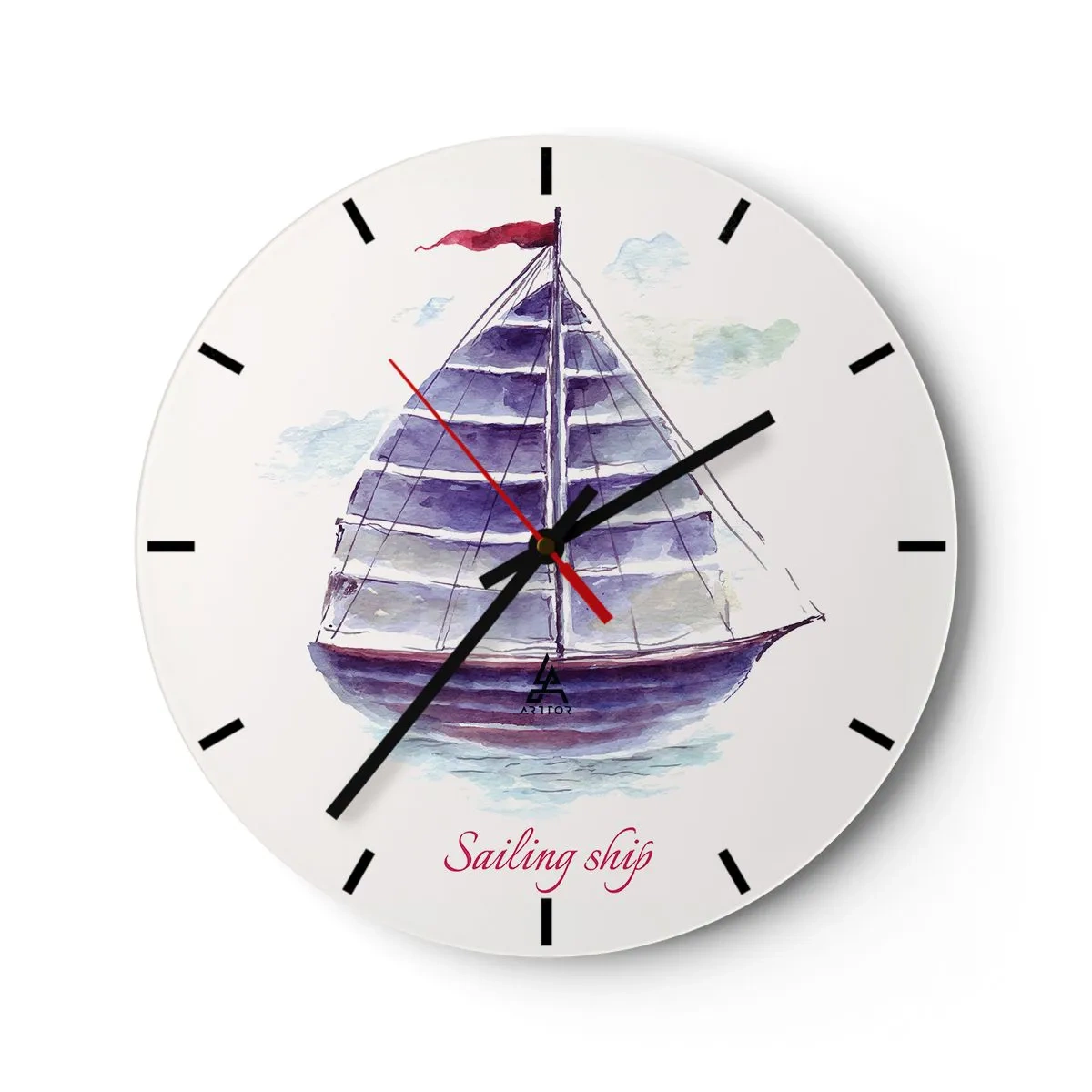 Orologio da parete - Orologio in Vetro - Una barca a vela viola con un albero rosso su un mare calmo - 30x30cm - Gonfie vele e mare calmo - Decorazione murale moderna per soggiorno, cucina e camera da letto ARTTOR