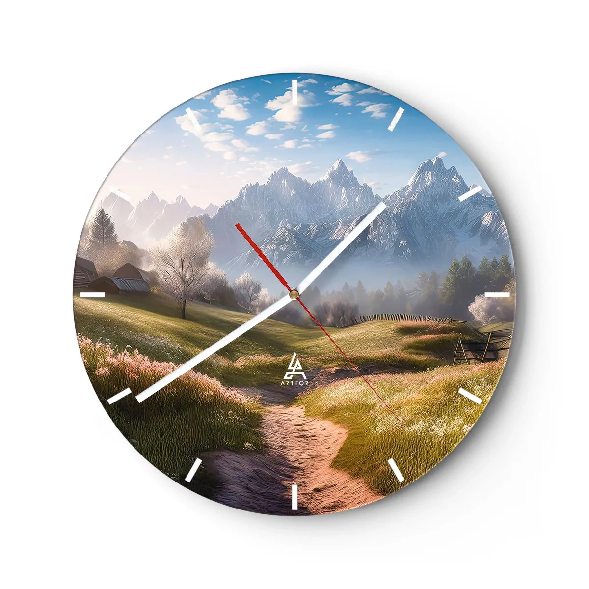Orologio da parete - Orologio in Vetro - Un paesaggio montano con una valle, un sentiero e cottage idilliaci - 30x30cm - Valle idilliaca - Decorazione murale moderna per soggiorno, cucina e camera da letto ARTTOR