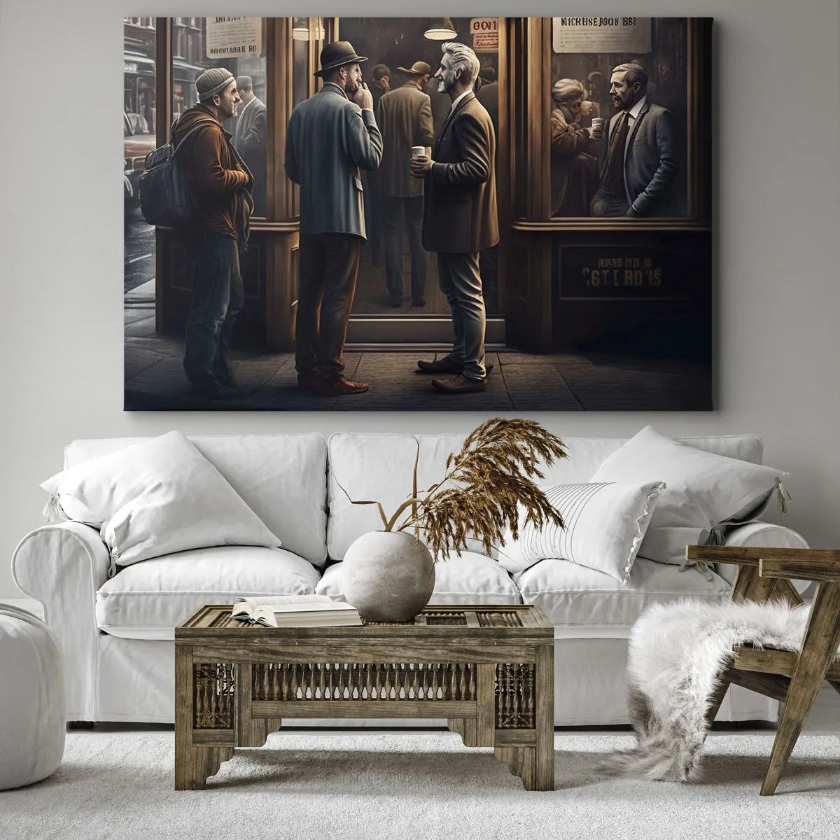 Quadro su tela - Stampe su Tela - Scena di strada con persone davanti a un caffè retrò - 70x50cm - Il buon momento della giornata - Decorazione murale moderna per soggiorno e camera da letto ARTTOR