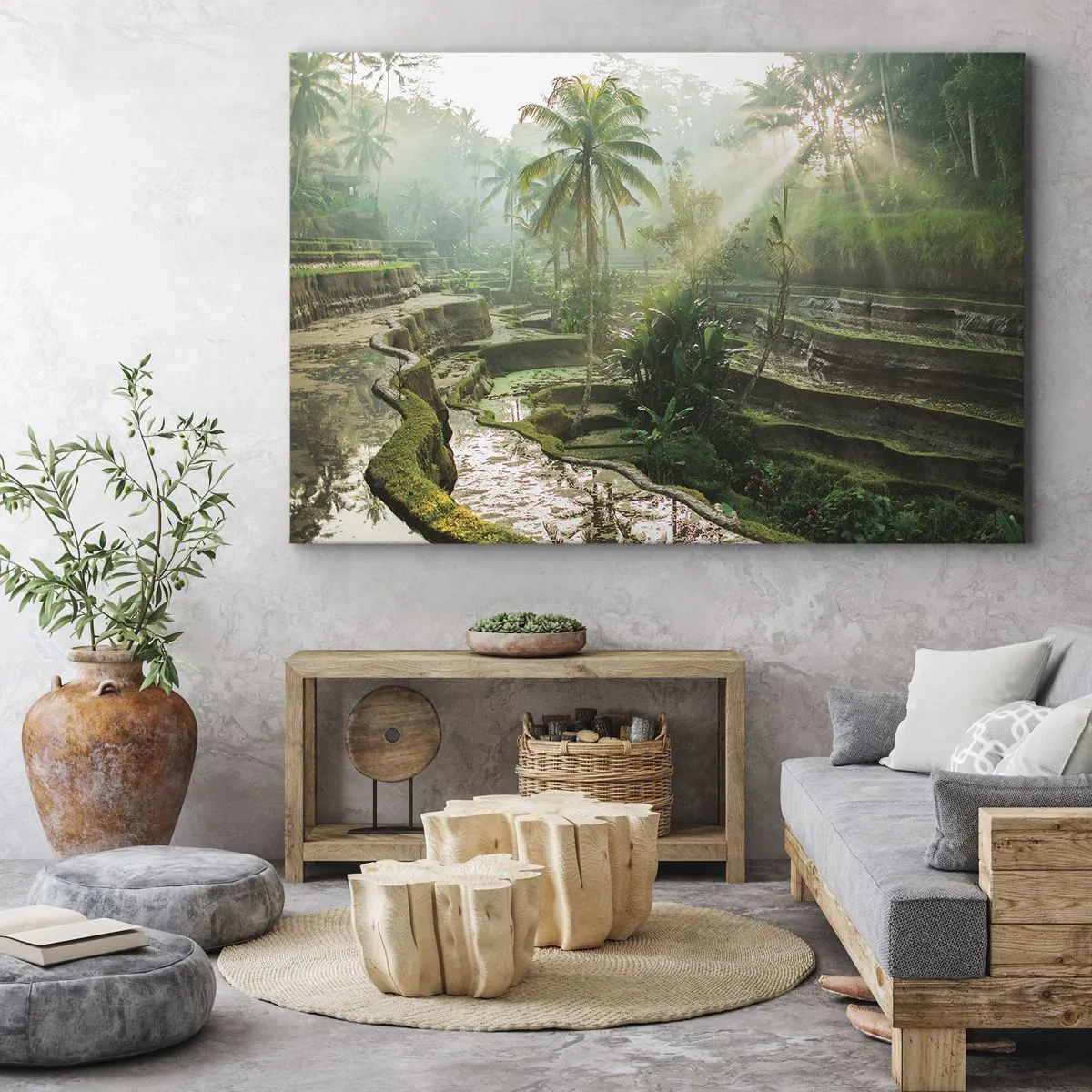 Quadro su tela - Stampe su Tela - Terrazze di riso con palme sotto i raggi del sole - 70x50cm - Crescere al sole - Decorazione murale moderna per soggiorno e camera da letto ARTTOR