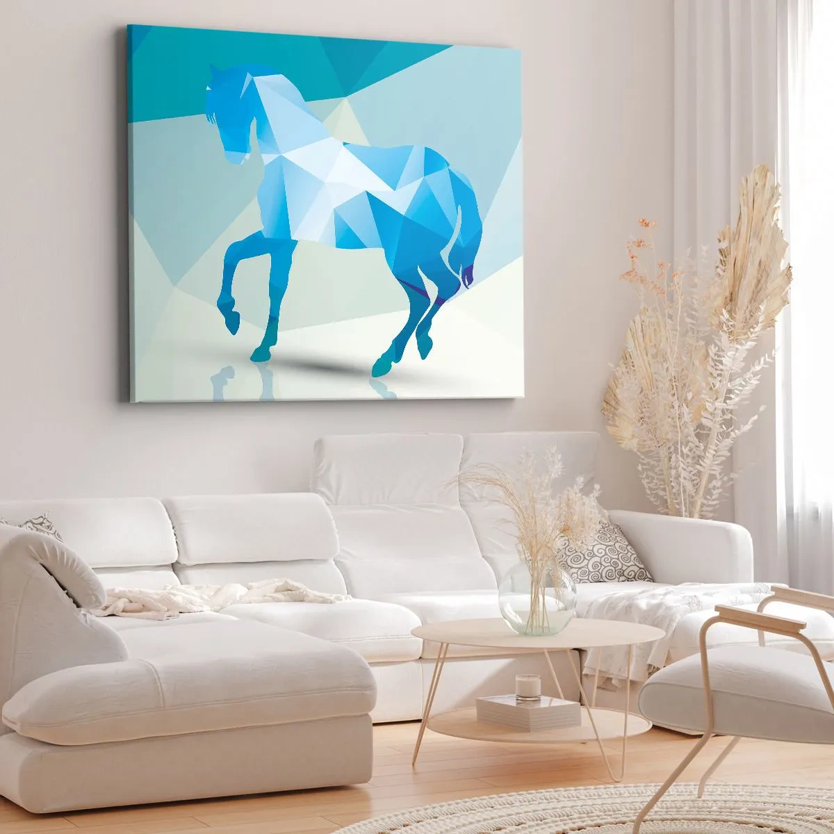 Quadro su tela - Stampe su Tela - Silhouette geometrica di un cavallo nei toni del blu - 70x50cm - Cavallo geometrico nel turchese - Decorazione murale moderna per soggiorno e camera da letto ARTTOR