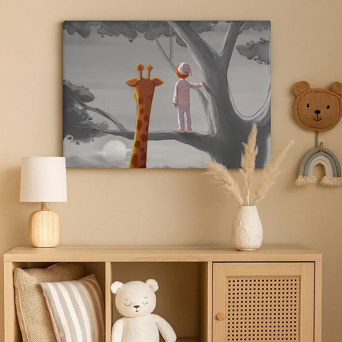 Quadro su tela - Stampe su Tela - Un bambino e una giraffa su un ramo di un albero in un paesaggio da favola - 70x50cm - Sta succedendo davvero - Decorazione murale moderna per soggiorno e camera da letto ARTTOR