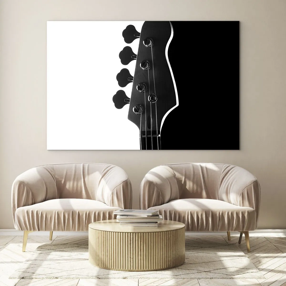 Quadro su vetro - Paletta per basso in bianco e nero con ombra - 70x50cm - Silenzio rock - Decorazione murale moderna per soggiorno e camera da letto ARTTOR